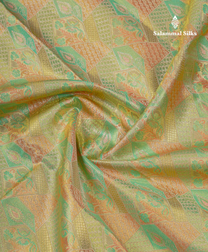 Beautiful Parrot Green Tissue Bridal Pure Kanjivaram Silk Saree With Contrast Peach Traditional Evening Morning Border