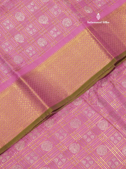 Light Pink Colour Zari Checks Pure Kanjivaram Silk Saree With Long Gold Zari Border