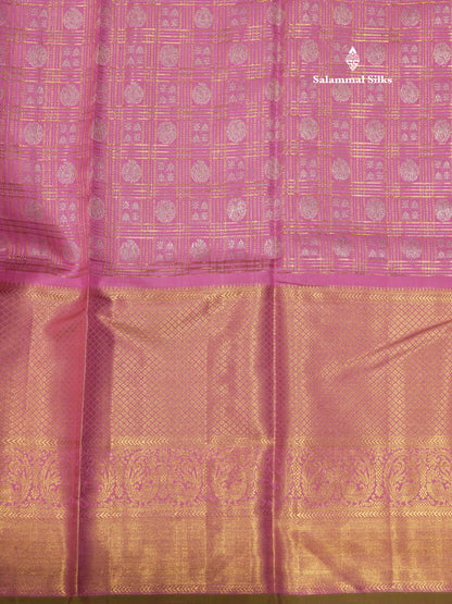 Light Pink Colour Zari Checks Pure Kanjivaram Silk Saree With Long Gold Zari Border