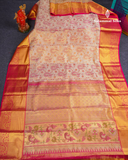 Beautiful Light Pink Tissue Bridal Pure Kanjivaram Silk Saree With Contrast Pink Traditional Border