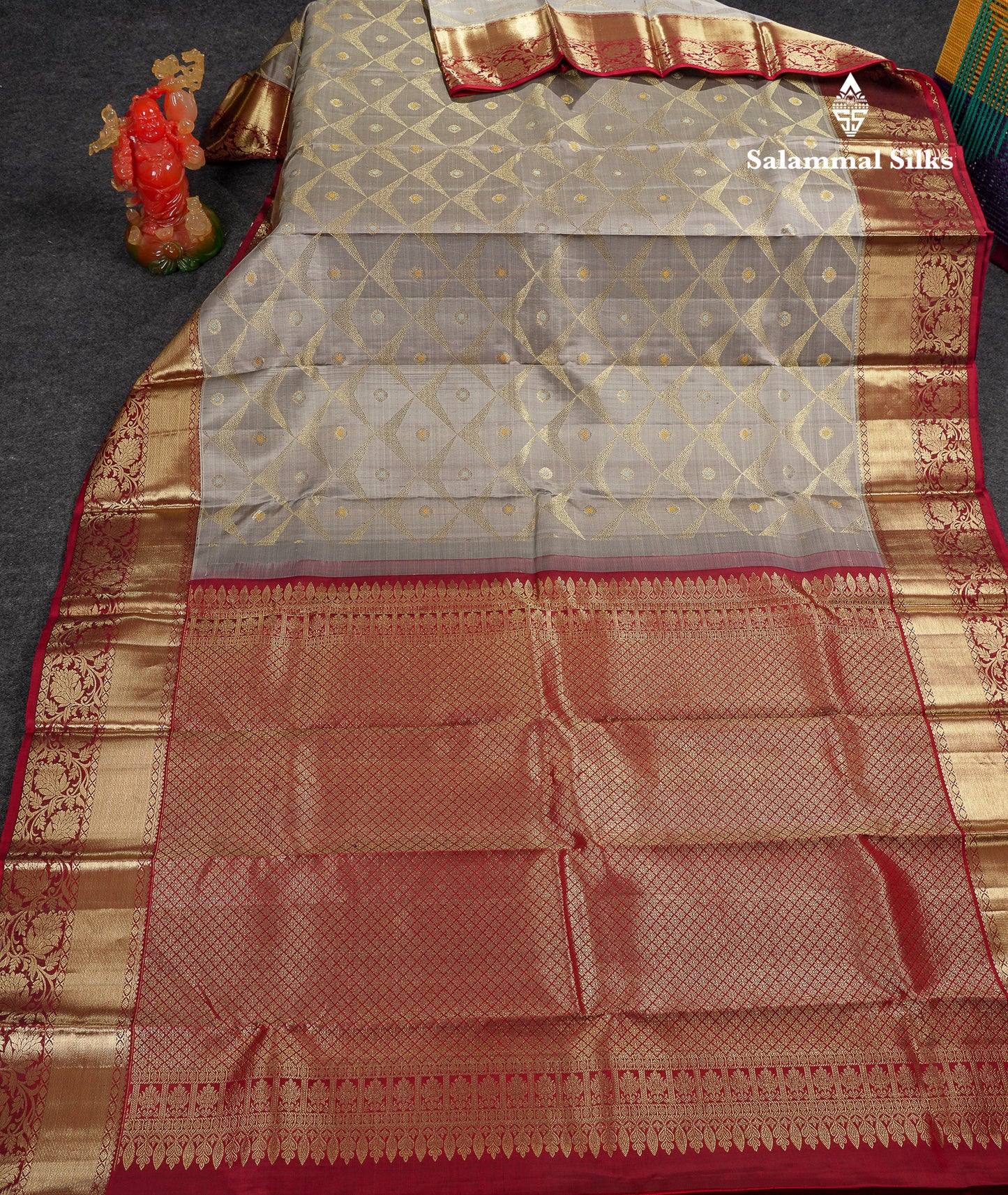 Beautiful Grey White Menakari Work Bridal Pure Kanjivaram Silk Saree With Contrast Dark Maroon Traditional Border