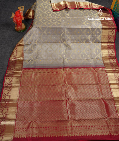 Beautiful Grey White Menakari Work Bridal Pure Kanjivaram Silk Saree With Contrast Dark Maroon Traditional Border