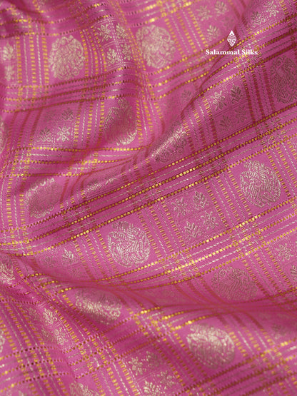 Light Pink Colour Zari Checks Pure Kanjivaram Silk Saree With Long Gold Zari Border