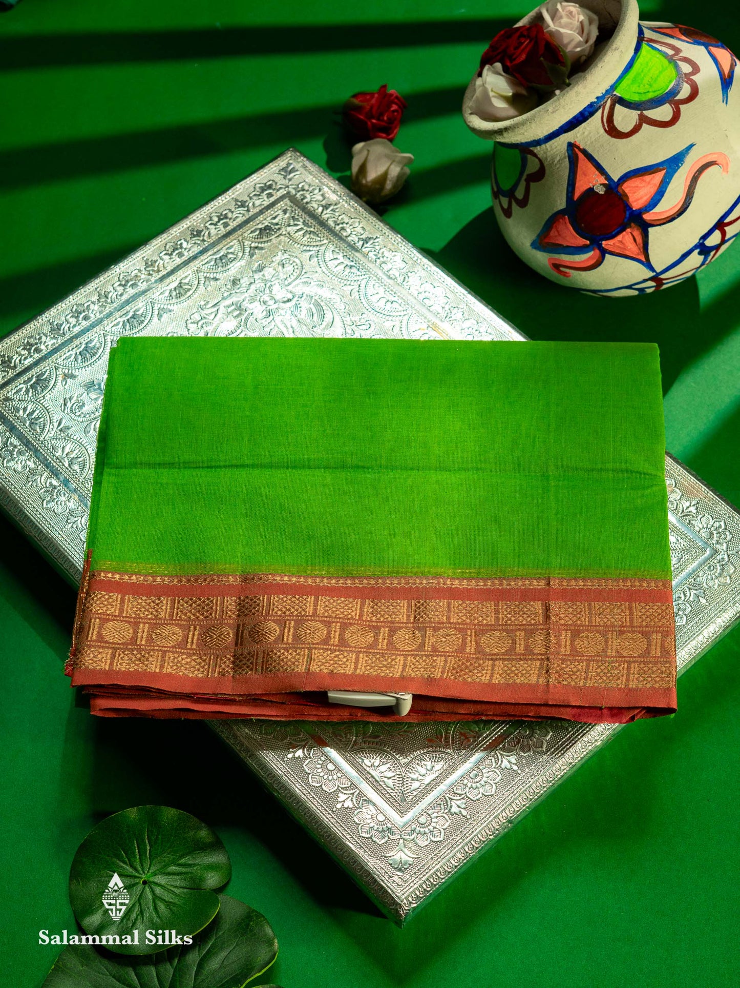 Beautiful Parrot Green Plain Pure Cotton Saree With Contrast Orange Traditional Border