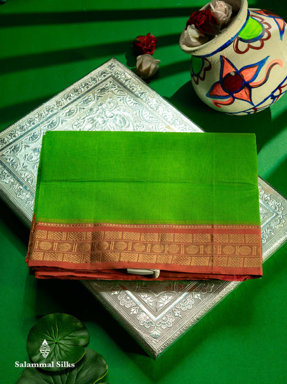 Beautiful Parrot Green Plain Pure Cotton Saree With Contrast Orange Traditional Border