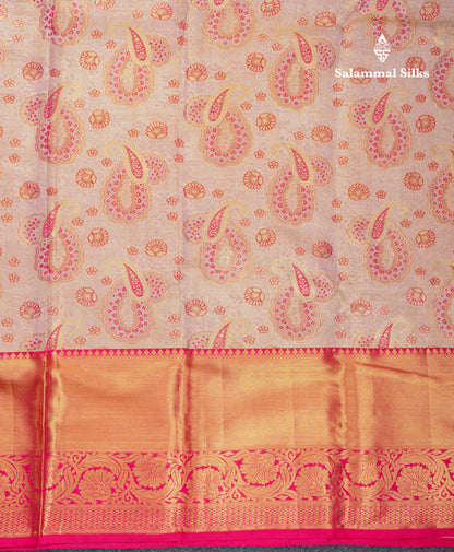 Beautiful Light Pink Tissue Bridal Pure Kanjivaram Silk Saree With Contrast Pink Traditional Border