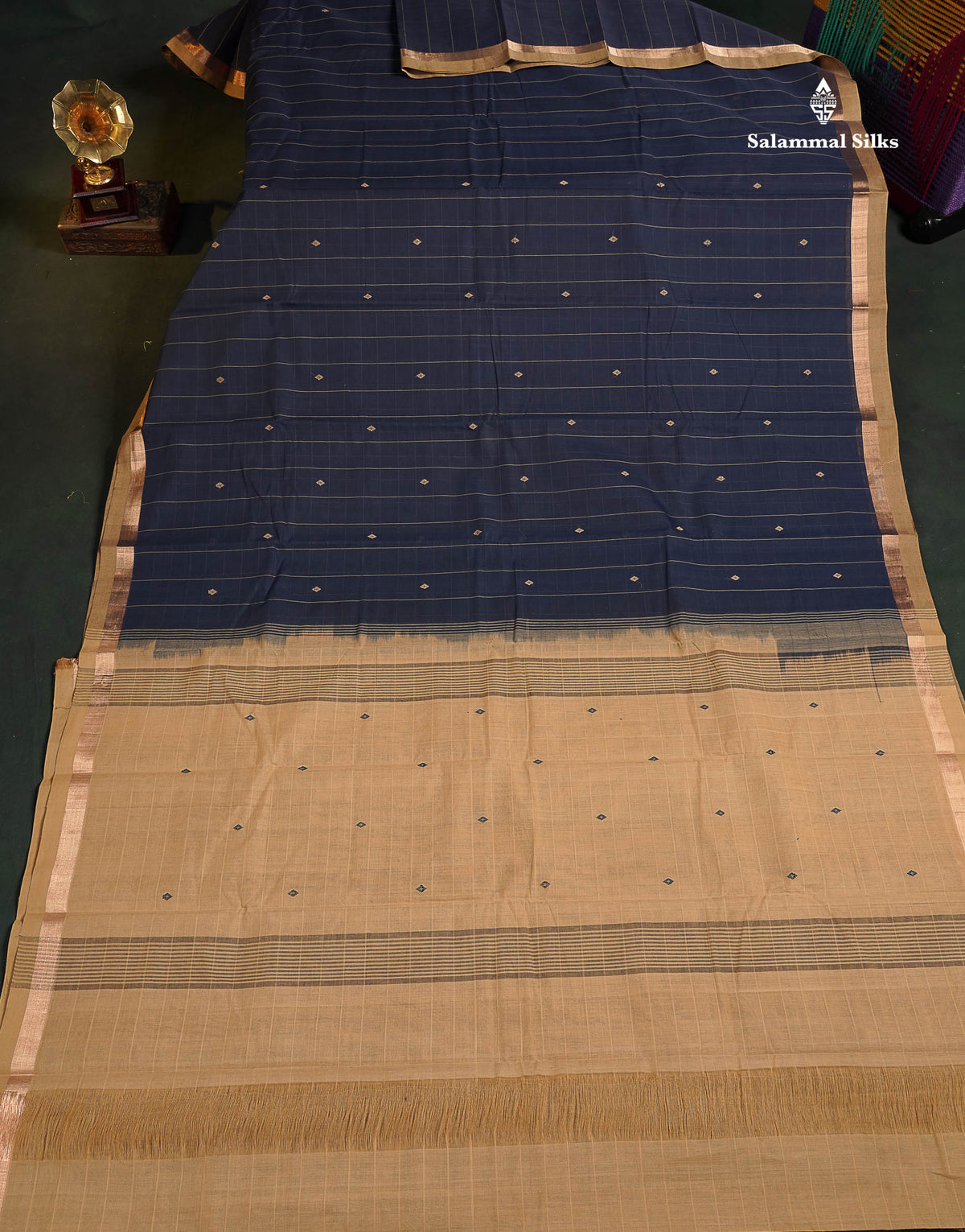 Handloom Pure Cotton Saree -  Navy Blue Colour Body With Contrast Sandal Blouse
