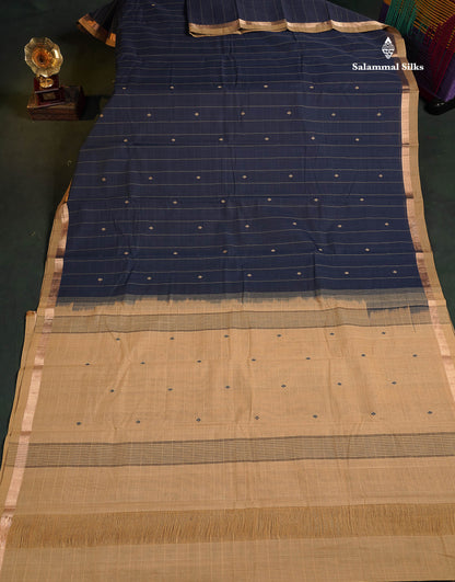 Handloom Pure Cotton Saree -  Navy Blue Colour Body With Contrast Sandal Blouse