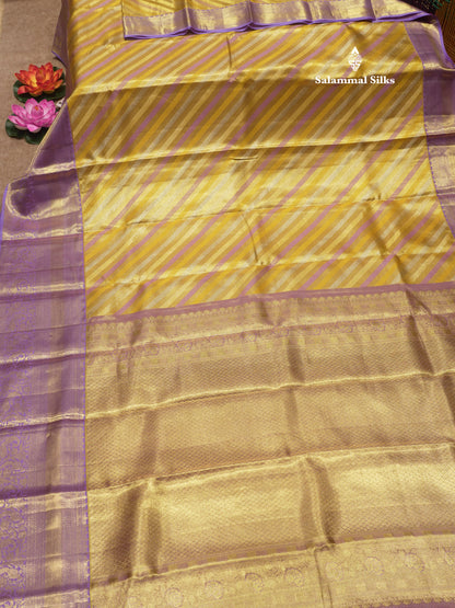 Gold Colour Tissue Pure Kanjivaram Silk Saree With Contrast Lavender Border