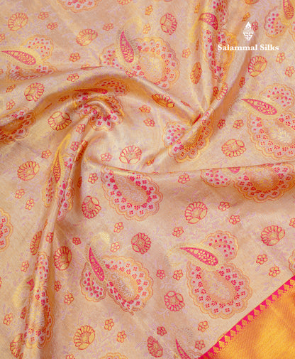 Beautiful Light Pink Tissue Bridal Pure Kanjivaram Silk Saree With Contrast Pink Traditional Border