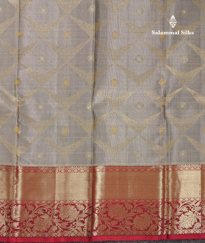 Beautiful Grey White Menakari Work Bridal Pure Kanjivaram Silk Saree With Contrast Dark Maroon Traditional Border