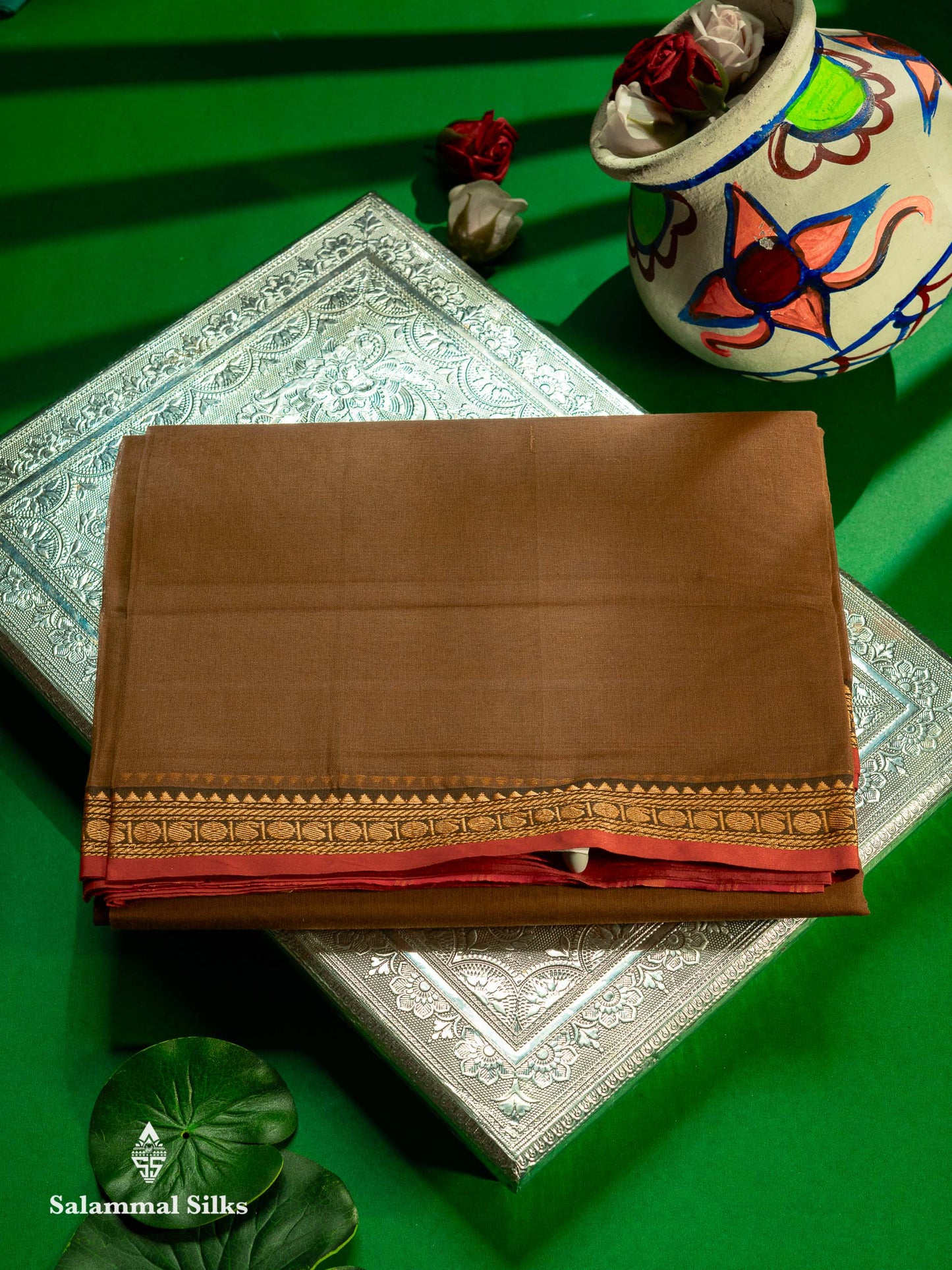 Beautiful Redish Maroon Plain Pure Cotton Saree With Contrast Dual Tone Bottle Green Thread Work Traditional Small Border