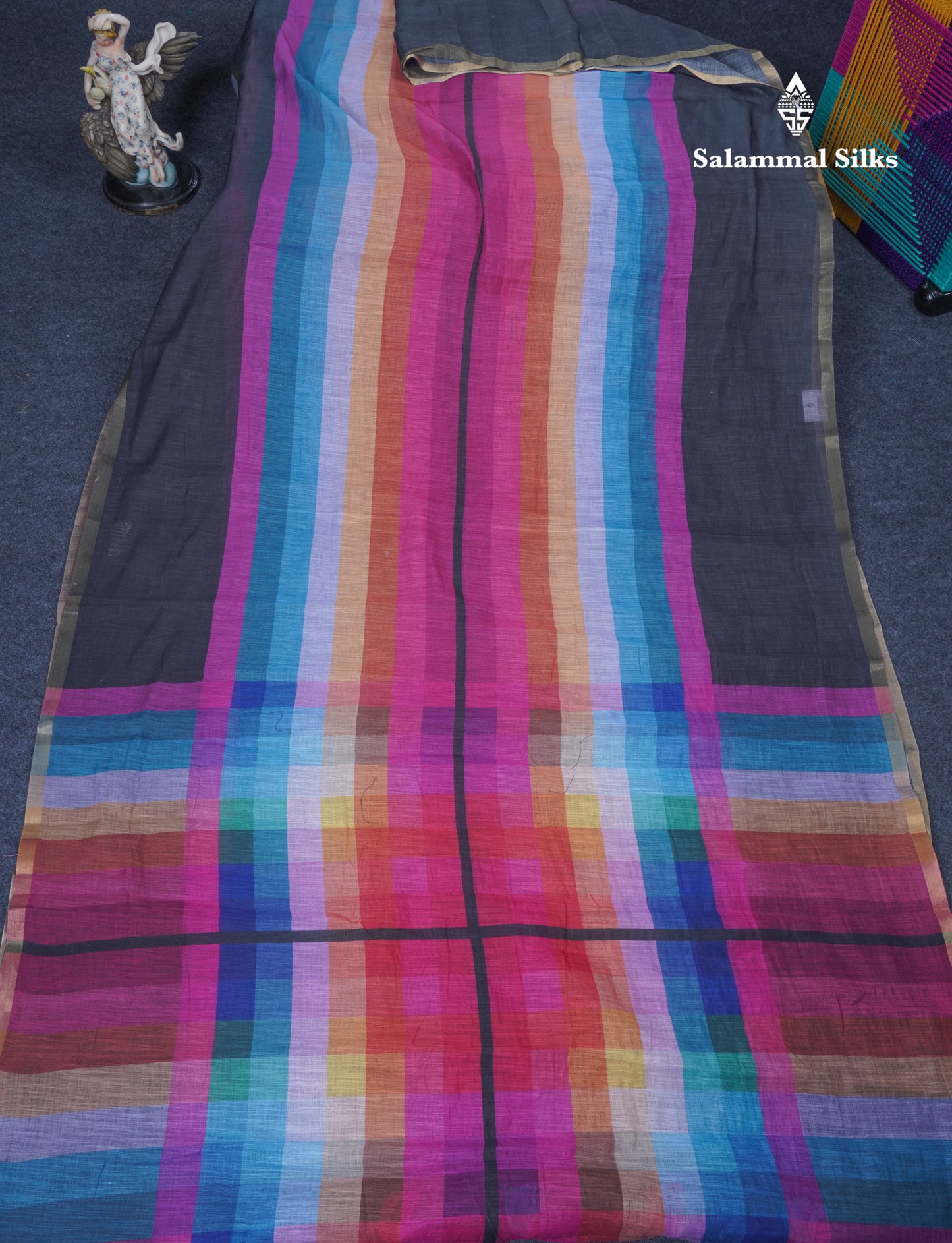 Beautiful Multicolour Rainbow Mul Mul Cotton Saree With Contrast Black Blouse