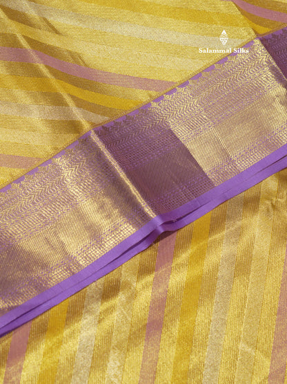 Gold Colour Tissue Pure Kanjivaram Silk Saree With Contrast Lavender Border