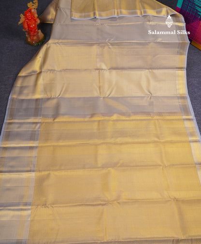 Beautiful Gold Tissue Bridal Pure Kanjivaram Silk Saree With Contrast Grey White Traditional Border