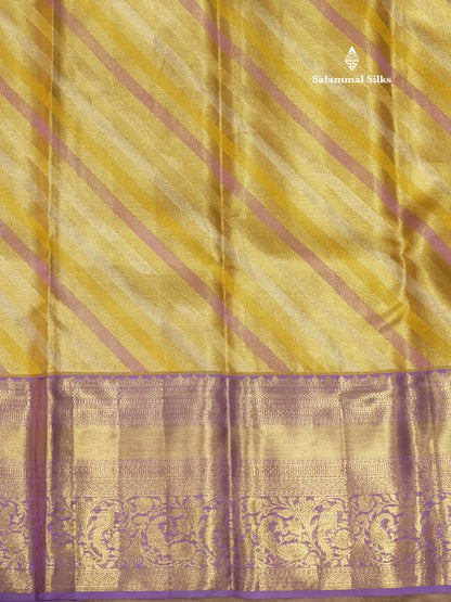 Gold Colour Tissue Pure Kanjivaram Silk Saree With Contrast Lavender Border