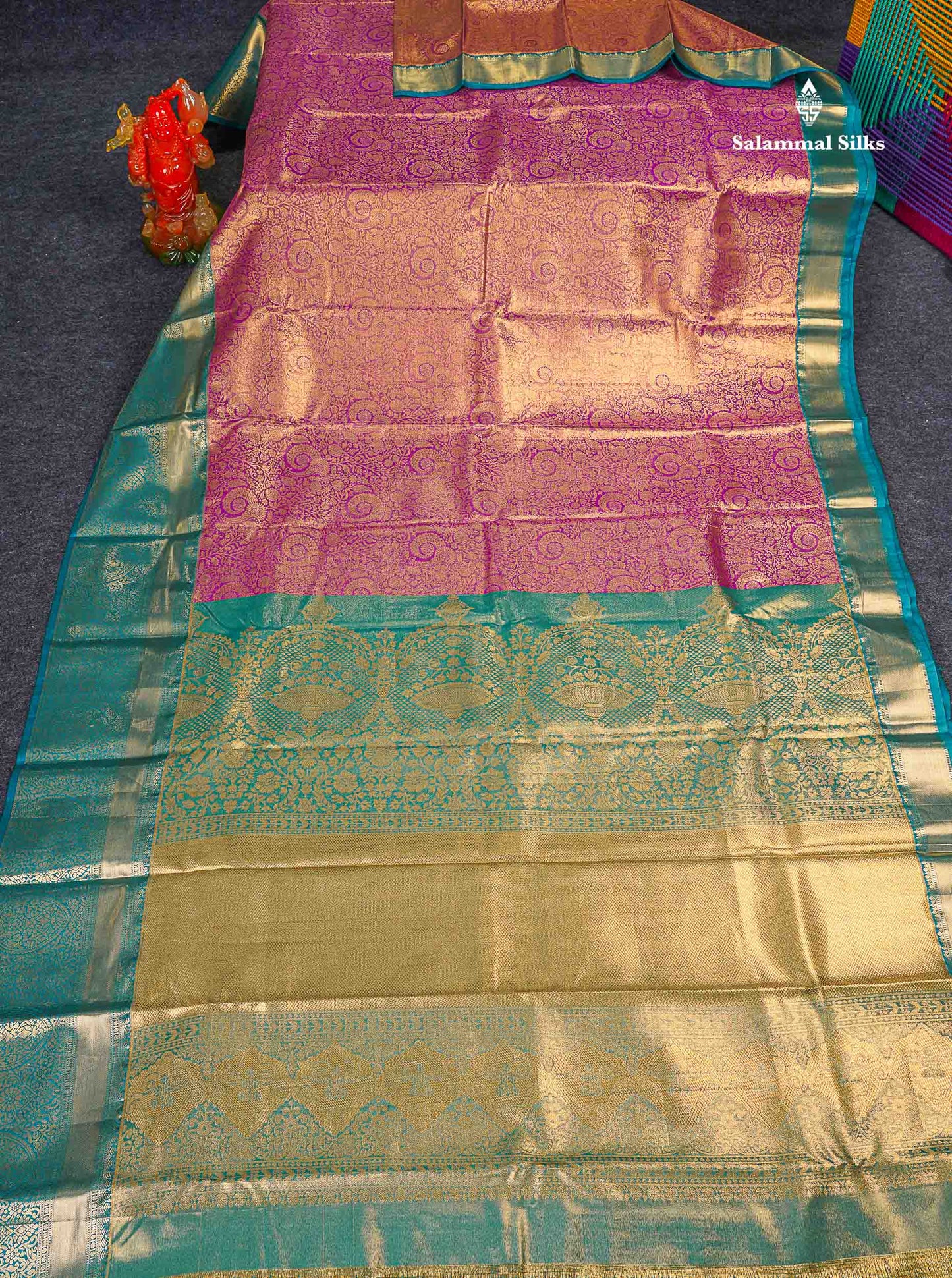 Bridal Semi Silk Saree - Magenta Colour Body Tissue With Teal Green Evening Morning Border