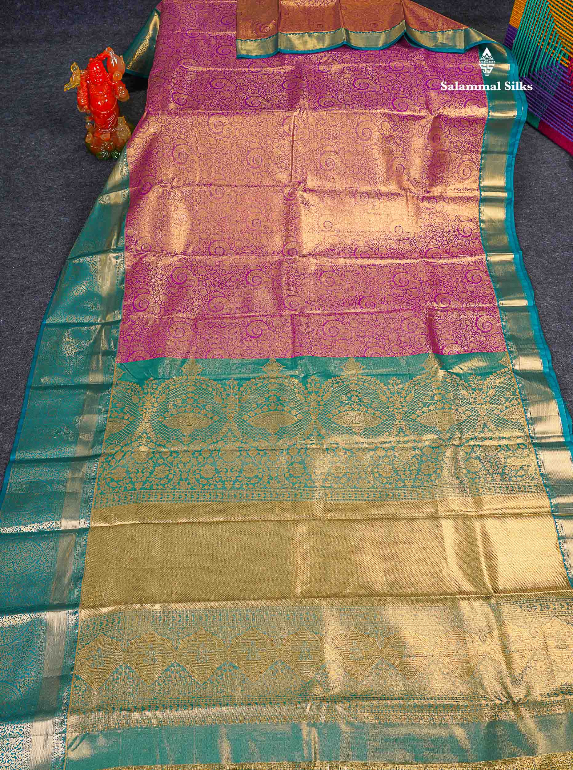 Bridal Semi Silk Saree - Magenta Colour Body Tissue With Teal Green Evening Morning Border