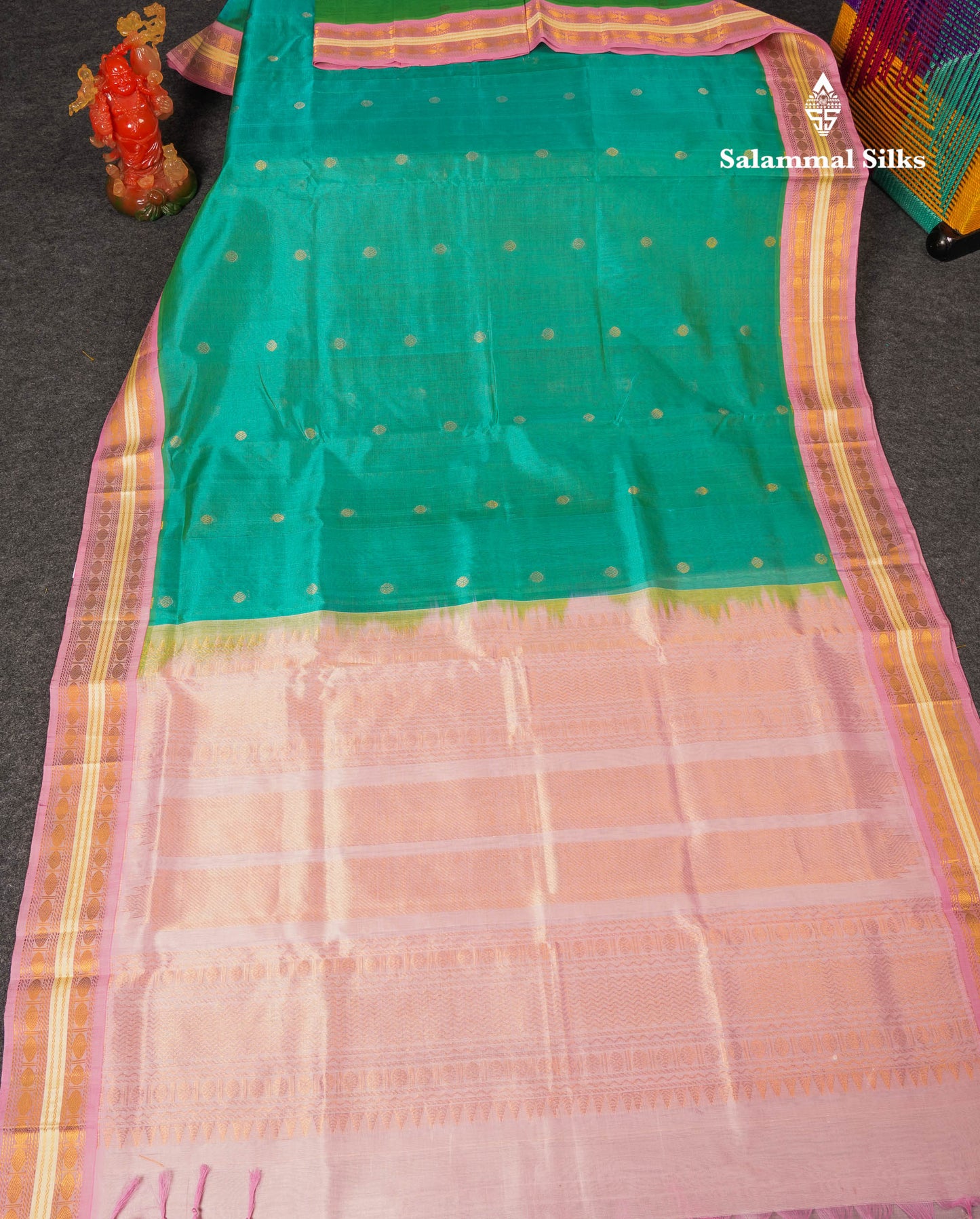 Beautiful Saspphire Green Zari Butta Pure Silk Cotton Saree With Contrast Light Pink Traditional Border