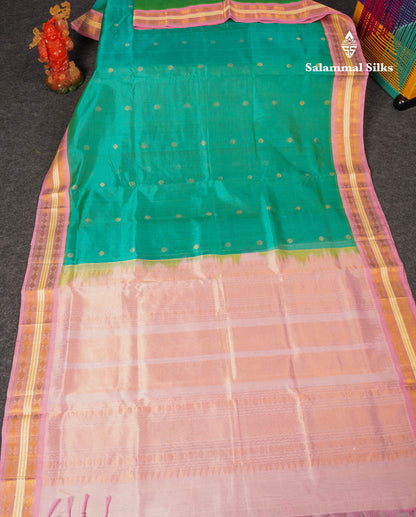 Beautiful Saspphire Green Zari Butta Pure Silk Cotton Saree With Contrast Light Pink Traditional Border