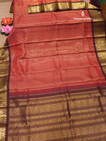 2G Pure Kanjivaram Silk Saree Rust orange Tiny Zari Checks body With Contrast Dark Brown Border