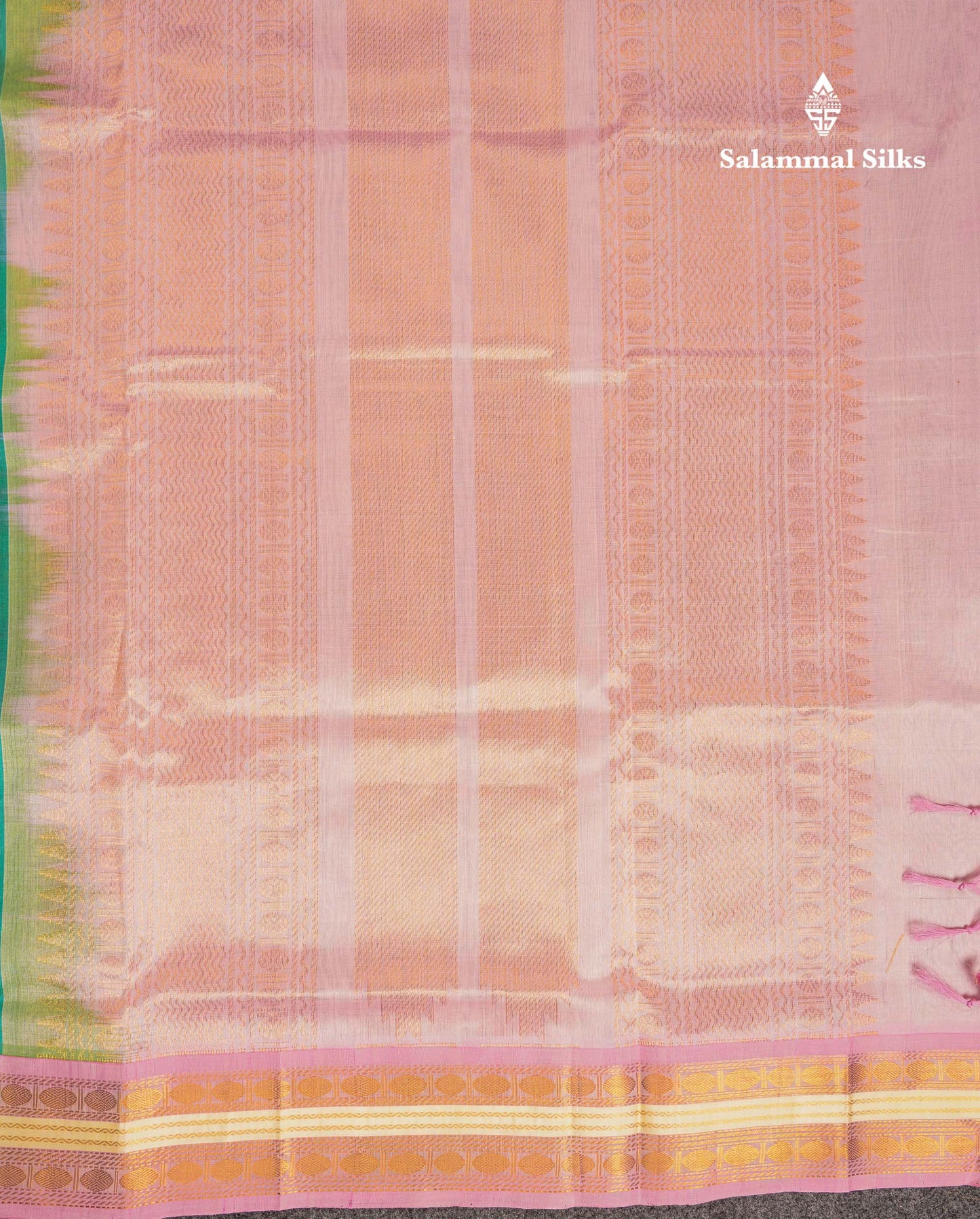 Beautiful Saspphire Green Zari Butta Pure Silk Cotton Saree With Contrast Light Pink Traditional Border