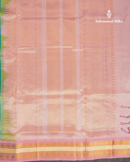 Beautiful Saspphire Green Zari Butta Pure Silk Cotton Saree With Contrast Light Pink Traditional Border