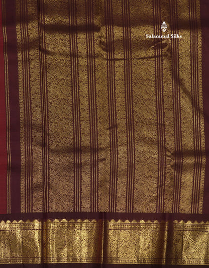 2G Pure Kanjivaram Silk Saree Rust orange Tiny Zari Checks body With Contrast Dark Brown Border
