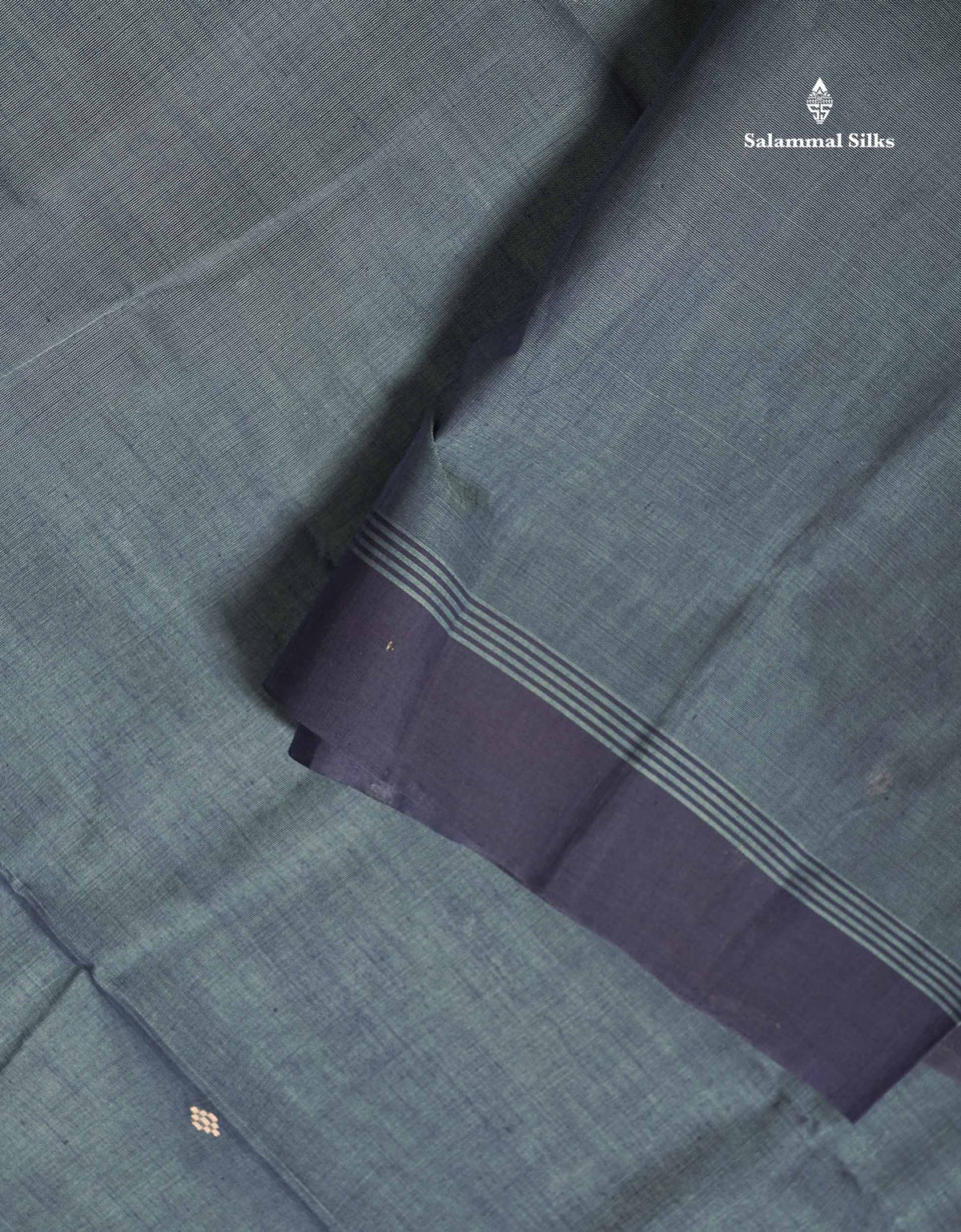 Handloom Pure Cotton Saree -  Grey Colour Body With Contrast Dark Navy Blue Blouse