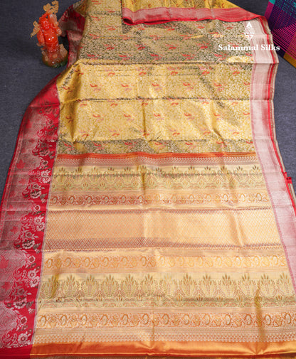 Beautiful Olive Green Tissue Menakari Work Bridal Pure Kanjivaram Silk Saree With Contrast Chilly Red Fancy Evening Morning Border