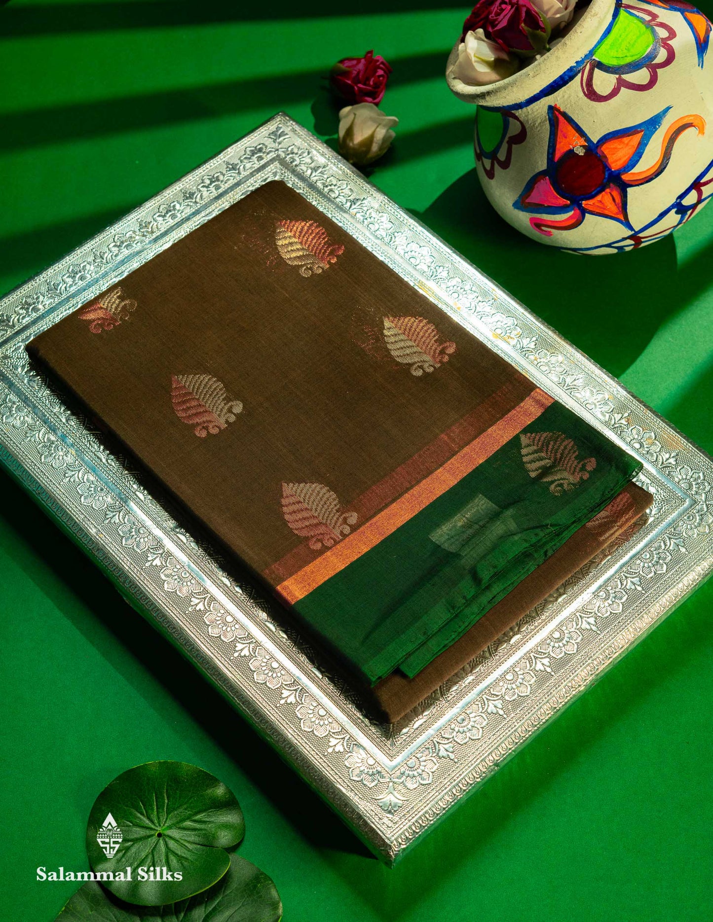 Beautiful Mehandi Green Silver & Copper Zari Butta SICO Cotton Saree With Contrast Bottle Green Border