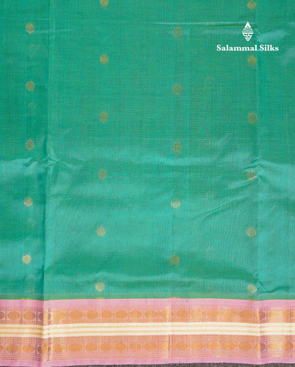 Beautiful Saspphire Green Zari Butta Pure Silk Cotton Saree With Contrast Light Pink Traditional Border