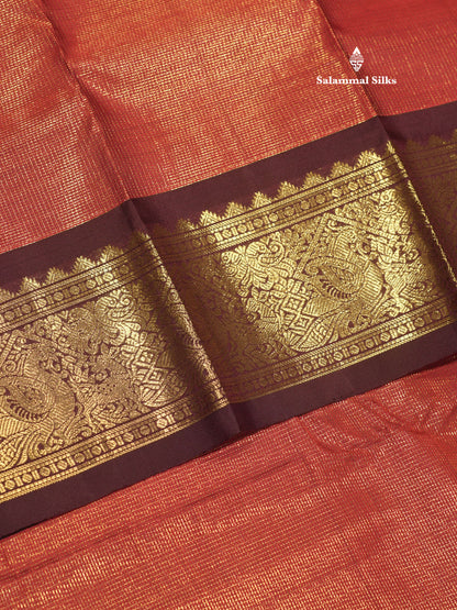 2G Pure Kanjivaram Silk Saree Rust orange Tiny Zari Checks body With Contrast Dark Brown Border