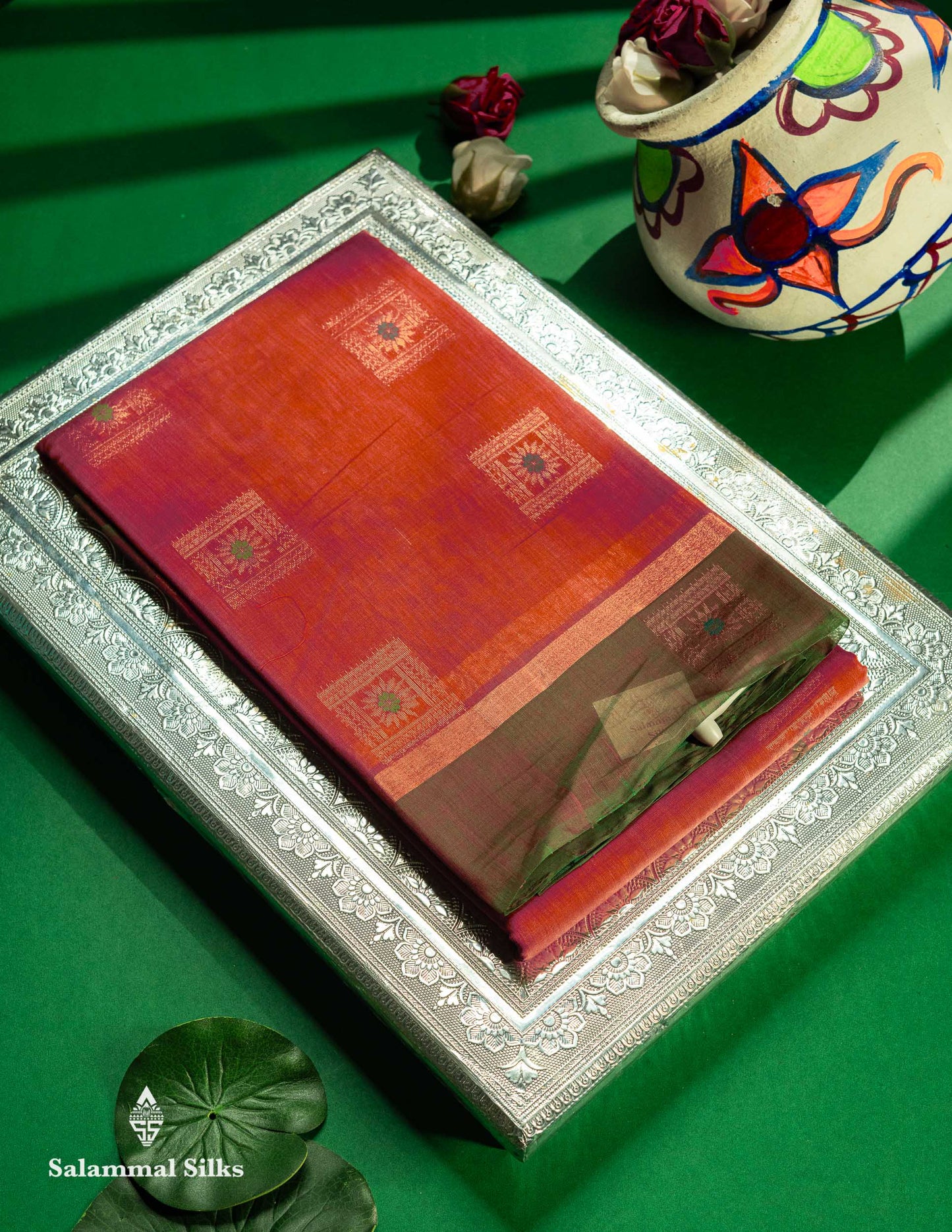 Beautiful Rust Orange Menakari Work SICO Cotton Saree With Contrast Bottle Green Blouse