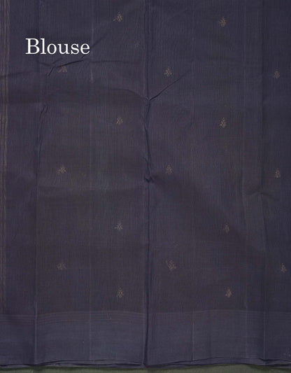 Handloom Pure Cotton Saree -  Grey Colour Body With Contrast Dark Navy Blue Blouse