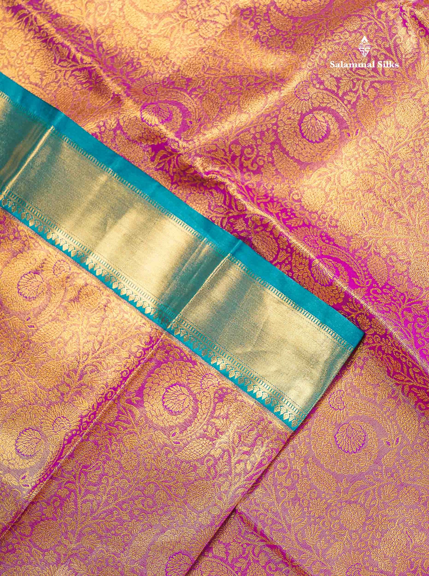 Bridal Semi Silk Saree - Magenta Colour Body Tissue With Teal Green Evening Morning Border