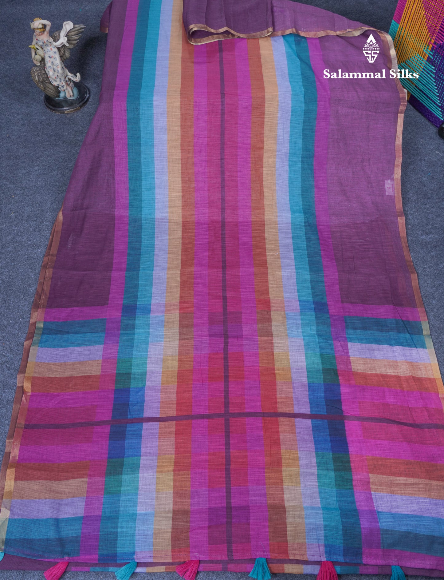 Beautiful Multicolour Rainbow Mul Mul Cotton Saree With Contrast Black Blouse