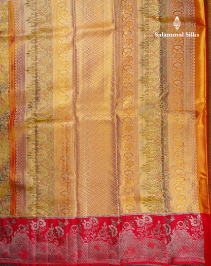 Beautiful Olive Green Tissue Menakari Work Bridal Pure Kanjivaram Silk Saree With Contrast Chilly Red Fancy Evening Morning Border