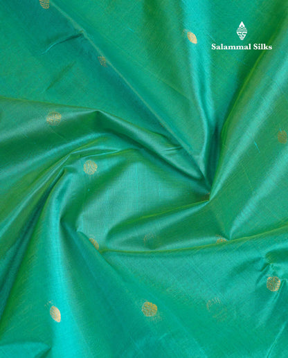 Beautiful Saspphire Green Zari Butta Pure Silk Cotton Saree With Contrast Light Pink Traditional Border