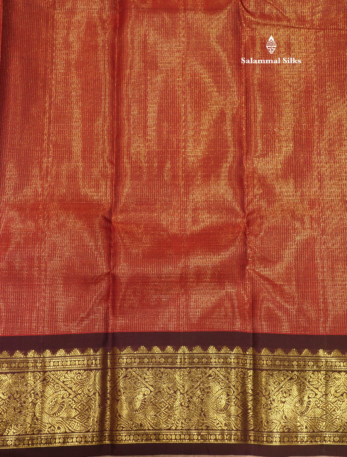2G Pure Kanjivaram Silk Saree Rust orange Tiny Zari Checks body With Contrast Dark Brown Border