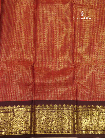 2G Pure Kanjivaram Silk Saree Rust orange Tiny Zari Checks body With Contrast Dark Brown Border
