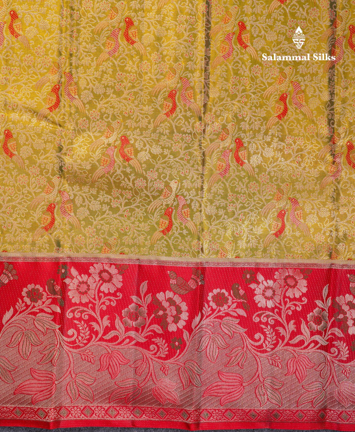Beautiful Olive Green Tissue Menakari Work Bridal Pure Kanjivaram Silk Saree With Contrast Chilly Red Fancy Evening Morning Border