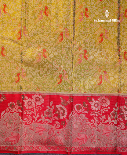 Beautiful Olive Green Tissue Menakari Work Bridal Pure Kanjivaram Silk Saree With Contrast Chilly Red Fancy Evening Morning Border