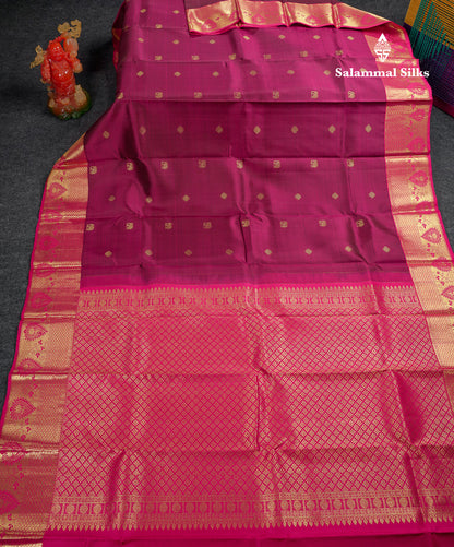Beautiful Magenta Pure Kanjivaram Silk Saree With Contrast Pink Traditional Border