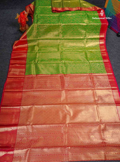 Bridal Semi Silk Saree - Green Colour Body Tissue With Contrast Redish Pink Evening Morning Border