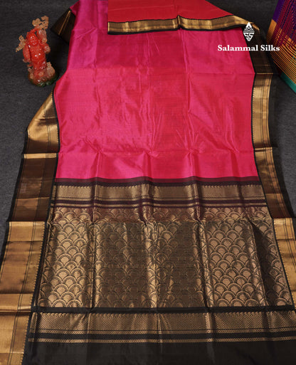 Beautiful Rani Pink Plain Pure Silk Cotton Saree With Contrast Black Traditional Evening Morning Border