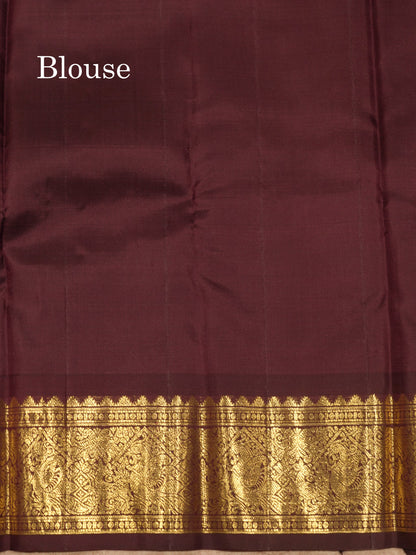2G Pure Kanjivaram Silk Saree Rust orange Tiny Zari Checks body With Contrast Dark Brown Border