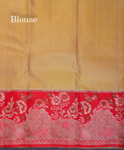 Beautiful Olive Green Tissue Menakari Work Bridal Pure Kanjivaram Silk Saree With Contrast Chilly Red Fancy Evening Morning Border