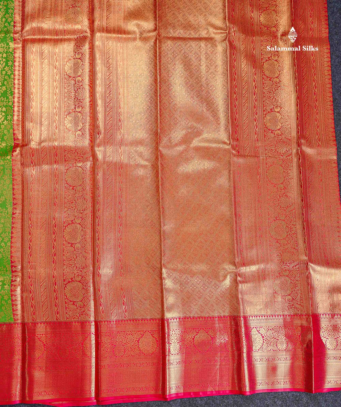Bridal Semi Silk Saree - Green Colour Body Tissue With Contrast Redish Pink Evening Morning Border