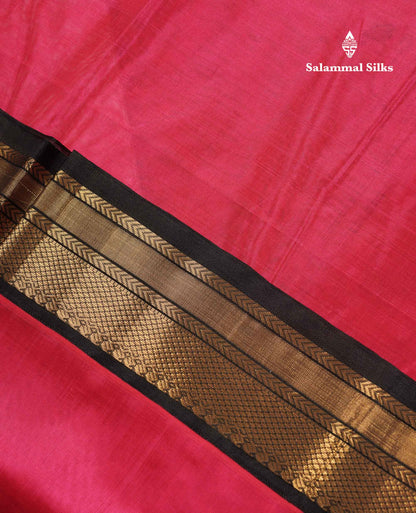 Beautiful Rani Pink Plain Pure Silk Cotton Saree With Contrast Black Traditional Evening Morning Border